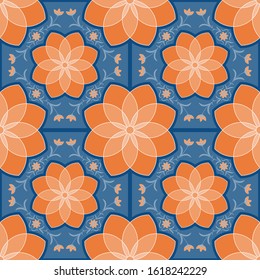 Geometric tiles seamless pattern orange flower and blue background vintage floral wallpaper  