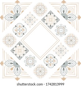 Geometric  tiles square vector  frame template. Vintage border pattern. Antique ceramic decor design.  Mediterranean gray, and beige decor. Portuguese or spanish retro old mosaic tiles.