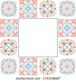 Geometric  tiles square vector  frame template. Vintage border pattern. Antique ceramic decor design.  Mediterranean blue and orange decor. Portuguese or spanish retro old mosaic tiles.