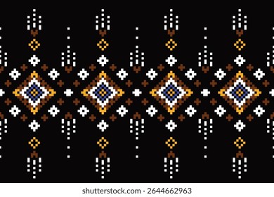 Geometric toned flowers, black background, horizontal seamless pixel pattern.