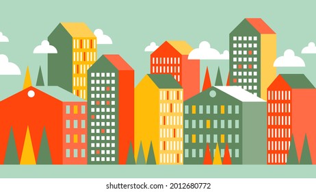 Geometric Town Illustration. Big Graphic City. Colorful High Buildings and Houses. Bright Horizontal Background. Vector illustration