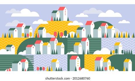 Geometric Town Illustration. Colorful Graphic City. High Residential Buildings and Houses. Bright Horizontal Background. Vector illustration