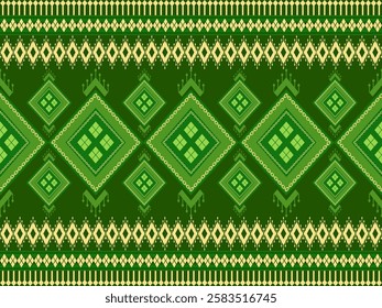 Geometric tradition Thai fabric print, silk pattern on green background.