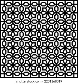 A geometric, traditional Islamic pattern design or 'arabesque' in vector editable format. Square size grill or Jaali design template for computerized CNC laser cutting. 