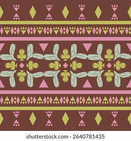 Geometric Traditional Motif Tribal Combine Fleur de lis Scroll Ornament Border Pattern with Embroidery Green Pink Mint on Dark Brown Background. Delicate Beautiful Ancient Boho Luxury Style Decoration