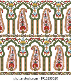 geometric traditional paisley pattern with border on white background