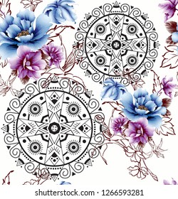 Geometric traditional pattern with cute flowers isolated on white background. Fashion print for fabric. - vector