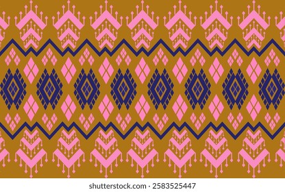 Geometric  traditional Thai silk tribal Oriental ethnic seamless pattern with pink, brown and dark blue background.
