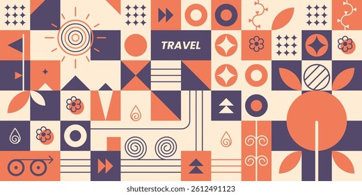 Geometric travel pattern illustration with various shapes and symbols.