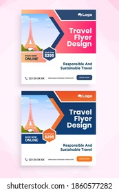 Geometric Travel social media post template with a cool topography design element and trendy gradient colors with sale and discount backgrounds.