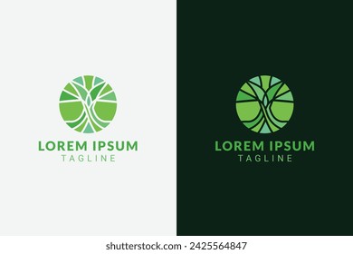 Geometric tree and roots in circular logo concept in green shades.Vector logo template for branding companies in environmental, natural products, organic, mindfulness, spa and more