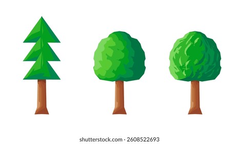 Geometric tree set, stylized evergreen and deciduous shapes. Flat vector icons for nature design, park elements, or game assets. Isolated on white.