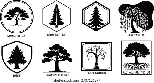 Conjunto de Vector de silueta de árbol geométrico, íconos de naturaleza negros, Paquete Clipart artístico, Formas de árbol enmarcadas para el diseño, abstracto, botánico y uso del logotipo