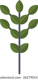 Geometric tree with a slender stem and multiple leaves in a flat style.  A minimalist botanical motif shows a plant with a central stalk and various pointed foliage. Cartoon vector illustration