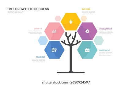 Geometric Tree of Success business infographic growth strategy steps, timeline template.