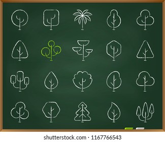 Geometric Trees chalk icons set. Outline sign kit of graphic plant. Larch Forest linear icon environment, fir. Hand drawn by pastel crayon simple geometric trees symbol chalkboard vector Illustration
