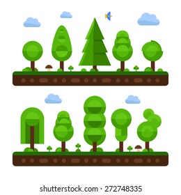 Geometric trees set. Ten flat trees made from half-circles and rectangles.