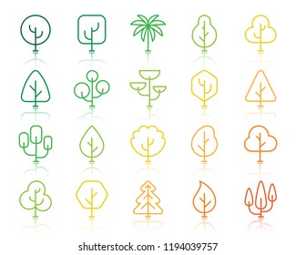 Geometric trees thin line icons set. Outline vector sign kit of graphic plant. Larch Forest linear icons of minimal shape, green oak, old arbol. Simple geometric tree contour symbol isolated on white