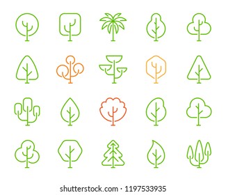 Geometric Trees thin line icons set. Outline monochrome sign of garden nature. Forest linear collection, cypress, birch, palm, pine. Simple contour plant symbol. Vector Illustration isolated on white