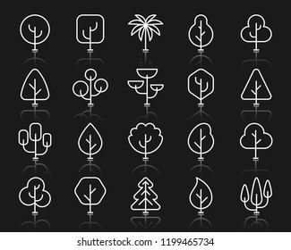 Geometric Trees thin line icons set. Outline sign kit of graphic plant. Larch Forest linear icon as cedar, fir, oak, spruce. Simple white contour symbol, organic garden reflection vector Illustration