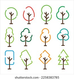 Geometric Trees thin line icons set. Outline color sign of garden nature. Forest linear collection. Simple plant symbol. Vector Illustration isolated on white background