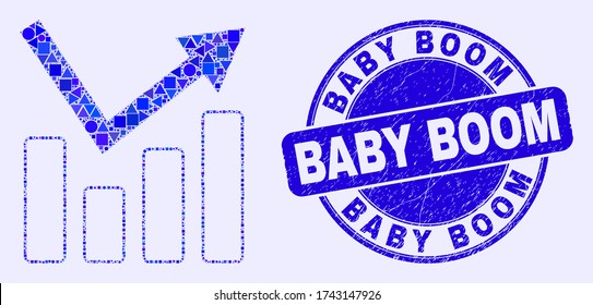Geometric trend chart mosaic icon and Baby Boom seal stamp. Blue vector rounded textured seal stamp with Baby Boom message. Abstract concept of trend chart combined of spheric, tringle, svg