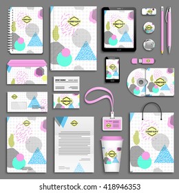 Geometric trendy 80s retro Corporate identity template set. Business stationery mock-up with logo. Branding design. Funky hipster texture for phone case, poster, textile, art print.