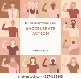 Geometric trendy AccelerateAction poster template. Square card for International Women's Day 2025. Diversity ladies show hands strength. Accelerate Action cover flyer IWD