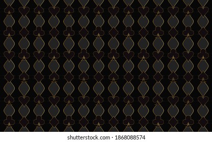 Geometric trendy black background with golden lines with a pattern of symbols of the card suit - clubs, tambourines, spades, hearts. Vector graphics for design, wallpaper, business cards, websites.