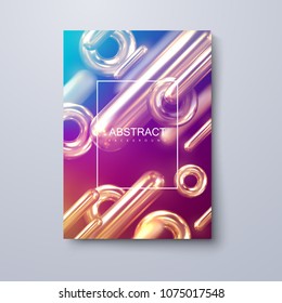 Geometric trendy cover design. Vector dynamic illustration of colorful mercury metallic 3d primitives. Iridescent capsule and torus shapes with frame for text. Modern banner template