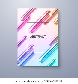 Geometric trendy cover design. Vector dynamic illustration of colorful iridescent metallic 3d primitives. Iridescent capsule  shapes with frame for text. Modern banner template