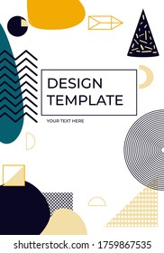 Geometric trendy memphis vertical cover closeup with space for text. Template art element and abstract shape different background. Great for magazine, pattern cover poster, banner. Vector illustration