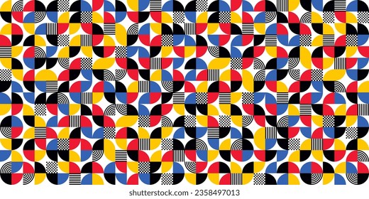 Geometric trendy pattern, Bauhaus style. Modern colorful background with simple elements. Retro texture with basic geometric shapes. Print design, minimalist poster cover. Vector illustration