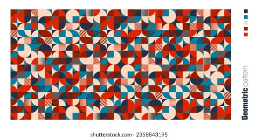 Geometric trendy pattern, Bauhaus style. Modern colorful background with simple elements. Retro texture with basic geometric shapes. Print design, minimalist poster cover. Vector illustration