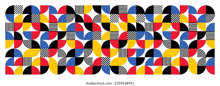 Geometric trendy pattern, Bauhaus style. Modern colorful background with simple elements. Retro texture with basic geometric shapes. Print design, minimalist poster cover. Vector illustration