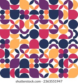 Geometric trendy pattern, Bauhaus style. Modern colorful background with simple elements. Retro texture with basic geometric shapes. Print design, minimalist poster cover. Vector illustration