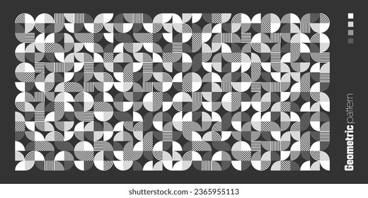 Patrón geométrico de moda, estilo Bauhaus. Fondo moderno con elementos sencillos. Textura retro con formas geométricas básicas. Diseño de impresión, portada de póster minimalista. Ilustración del vector