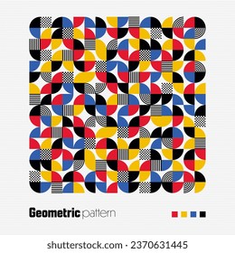 Geometric trendy pattern, Bauhaus style. Modern colorful background with simple elements. Retro texture with basic geometric shapes. Print design, minimalist poster cover. Vector illustration