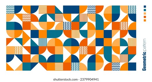 Patrón geométrico de moda, estilo Bauhaus. Fondo colorido moderno con elementos sencillos. Textura retro con formas geométricas básicas. Diseño de impresión, portada de póster minimalista. Ilustración del vector