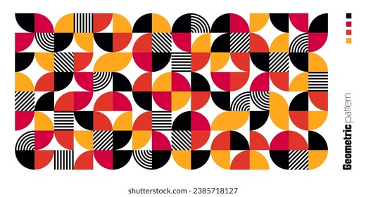 Geometric trendy pattern, Bauhaus style. Modern colorful background with simple elements. Retro texture with basic geometric shapes. Print design, minimalist poster cover. Vector illustration