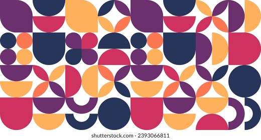 Geometric trendy pattern, Bauhaus style. Modern colorful background with simple elements. Retro texture with basic geometric shapes. Print design, minimalist poster cover. Vector illustration