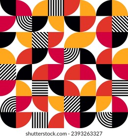 Geometric trendy pattern, Bauhaus style. Modern colorful background with simple elements. Retro texture with basic geometric shapes. Print design, minimalist poster cover. Vector illustration