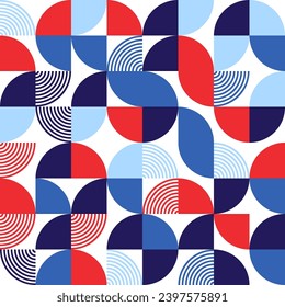 Geometric trendy pattern, Bauhaus style. Modern colorful background with simple elements. Retro texture with basic geometric shapes. Print design, minimalist poster cover. Vector illustration