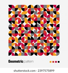 Geometric trendy pattern, Bauhaus style. Modern colorful background with simple elements. Retro texture with basic geometric shapes. Print design, minimalist poster cover. Vector illustration