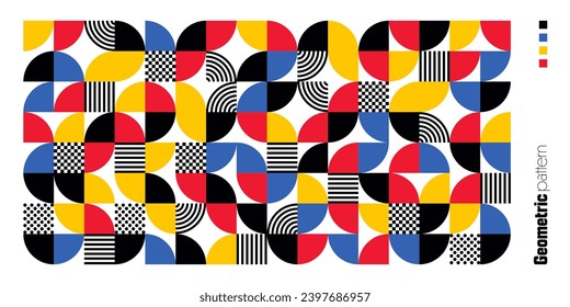 Geometric trendy pattern, Bauhaus style. Modern colorful background with simple elements. Retro texture with basic geometric shapes. Print design, minimalist poster cover. Vector illustration