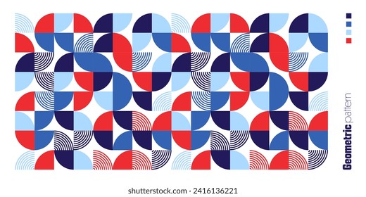 Geometric trendy pattern, Bauhaus style. Modern colorful background with simple elements. Retro texture with basic geometric shapes. Print design, minimalist poster cover. Vector illustration