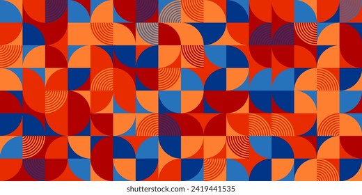 Geometric trendy pattern, Bauhaus style. Modern colorful background with simple elements. Retro texture with basic geometric shapes. Print design, minimalist poster cover. Vector illustration