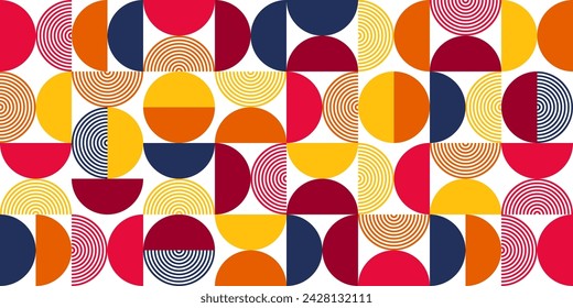 Geometric trendy pattern. Modern colorful background with simple elements. Retro texture with basic geometric shapes. Print design, minimalist poster cover. Vector illustration