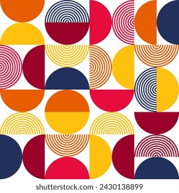 Geometric trendy pattern. Modern colorful background with simple elements. Retro texture with basic geometric shapes. Print design, minimalist poster cover. Vector illustration