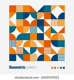 Geometric trendy pattern. Modern colorful background with simple elements. Retro texture with basic geometric shapes. Print design, minimalist poster cover. Vector illustration